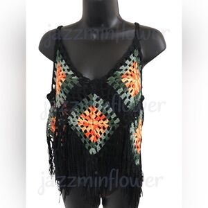 Black multicolored crochet net fringed boho v-neck tank top‎ size medium new